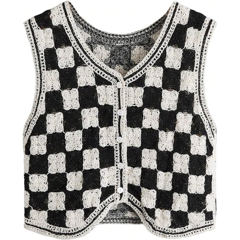 Women's Knit Sweater Vest Crocheted Plaid Sleeveless V Neck Button Up